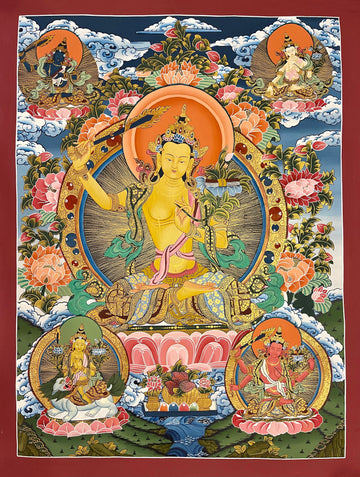 Manjushri thangka, 72×100 cm: Manjushri raising his sword, surrounded by four other forms of Manjushri