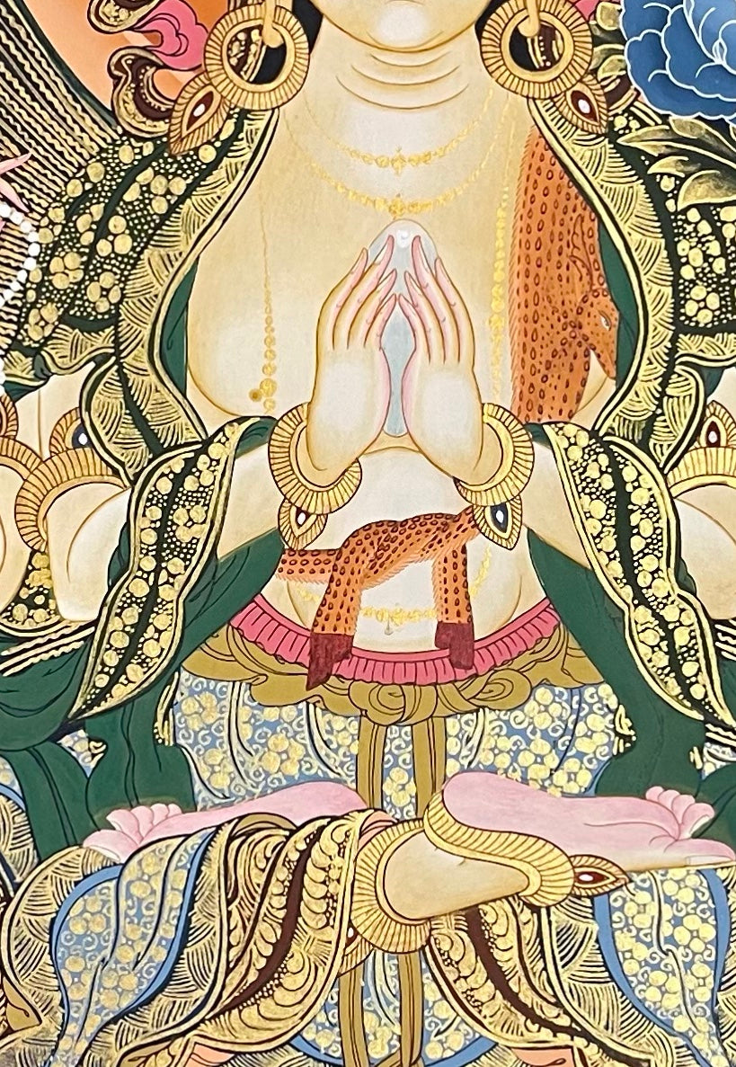 Chenrezig thangka, 71×98 cm: four-armed Chenrezig on a deep red ground, with the five Buddhas above and Manjushri and Vajrapani below