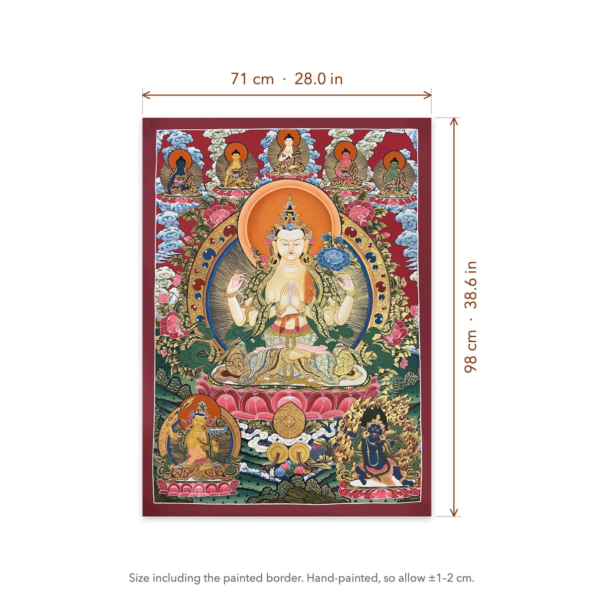 Size diagram: 71 × 98 cm (28.0 × 38.6 in), including the painted border