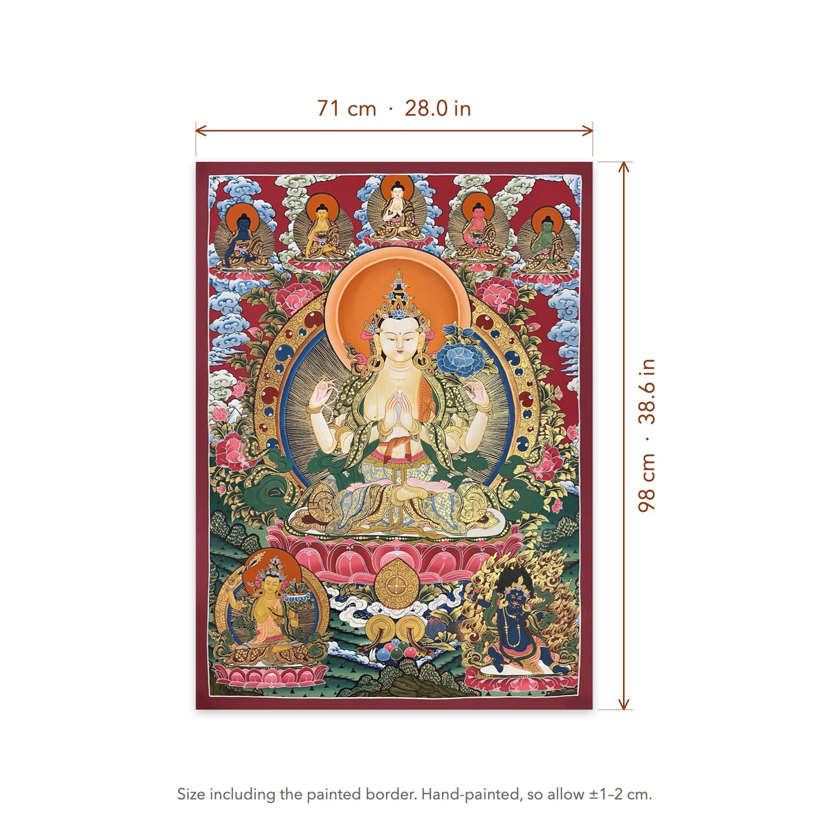 Size diagram: 71 × 98 cm (28.0 × 38.6 in), including the painted border