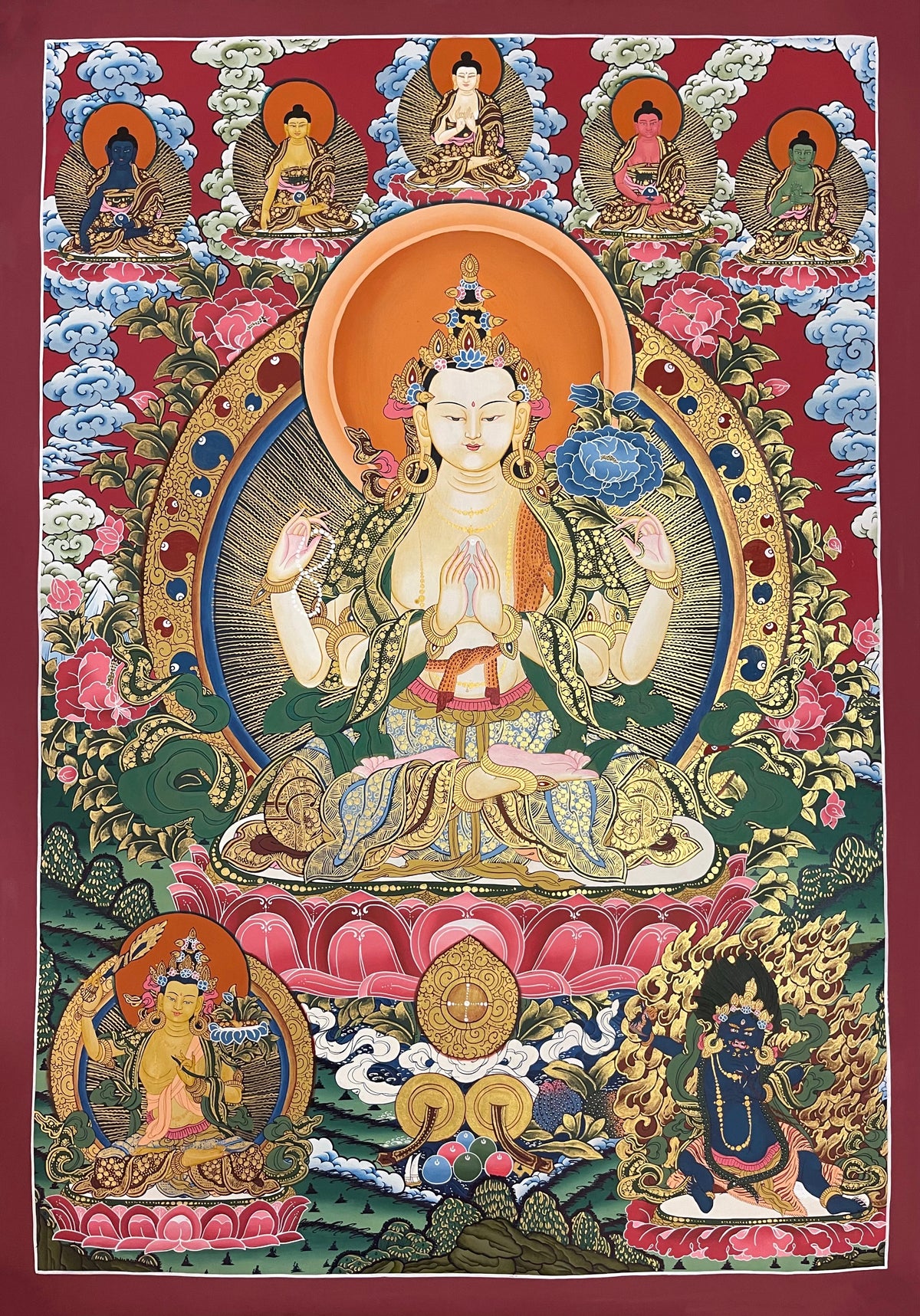 Chenrezig thangka, 71×98 cm: four-armed Chenrezig on a deep red ground, with the five Buddhas above and Manjushri and Vajrapani below