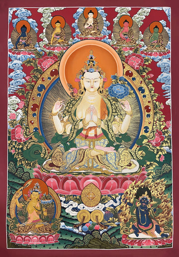 Chenrezig thangka, 71×98 cm: four-armed Chenrezig on a deep red ground, with the five Buddhas above and Manjushri and Vajrapani below