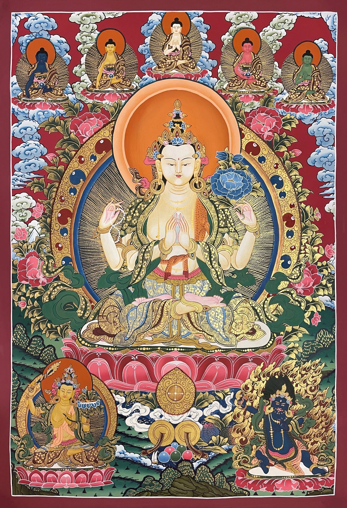 Chenrezig thangka, 71×98 cm: four-armed Chenrezig on a deep red ground, with the five Buddhas above and Manjushri and Vajrapani below