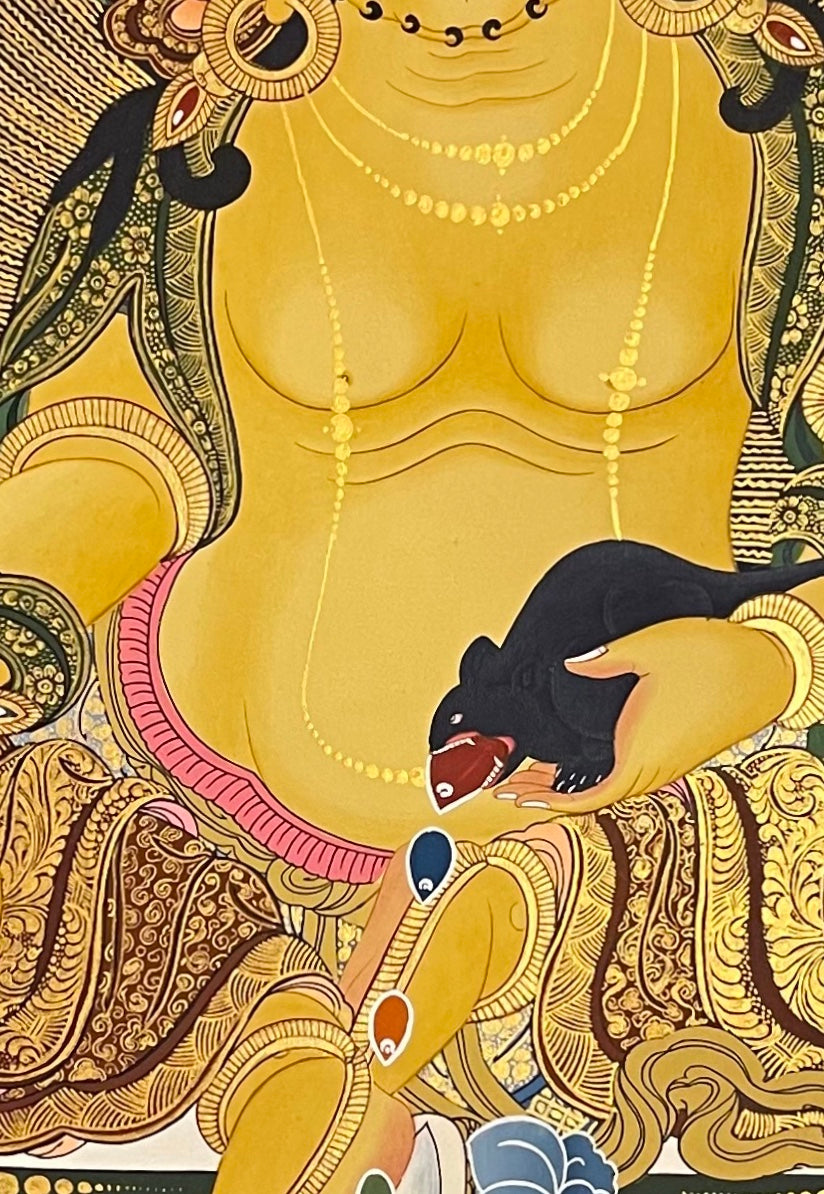 Jambhala thangka, 72×100 cm: Yellow Jambhala with a jewel-spitting mongoose, surrounded by the Red, Green, White and Black Jambhalas