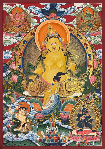 Jambhala thangka, 72×100 cm: Yellow Jambhala with a jewel-spitting mongoose, surrounded by the Red, Green, White and Black Jambhalas