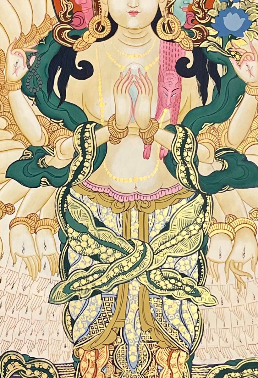 Lokeshwor thangka, 72×100 cm: standing eleven-headed, thousand-armed Chenrezig, with Manjushri and Vajrapani below