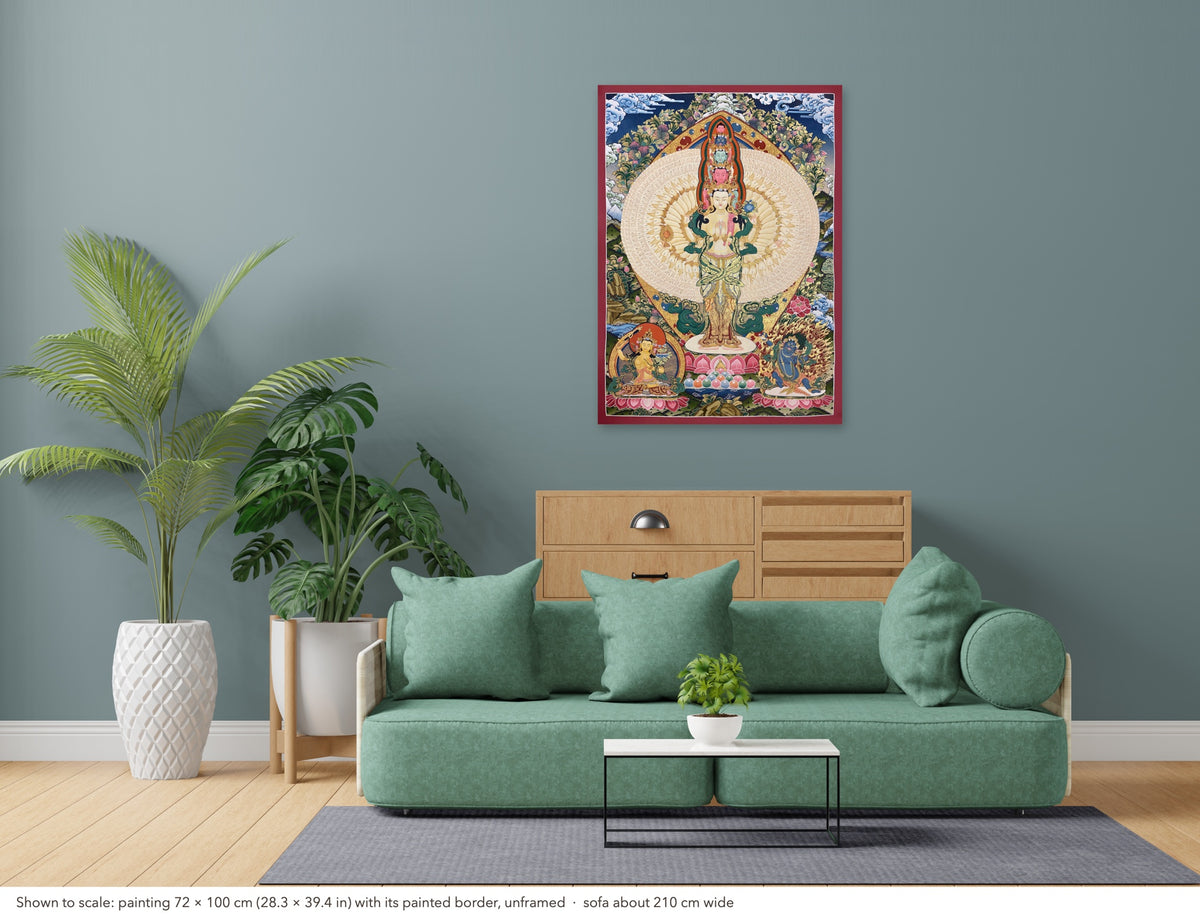 Lokeshwor thangka shown to scale in a living room, unframed, above a sofa about 210 cm wide (72×100 cm)