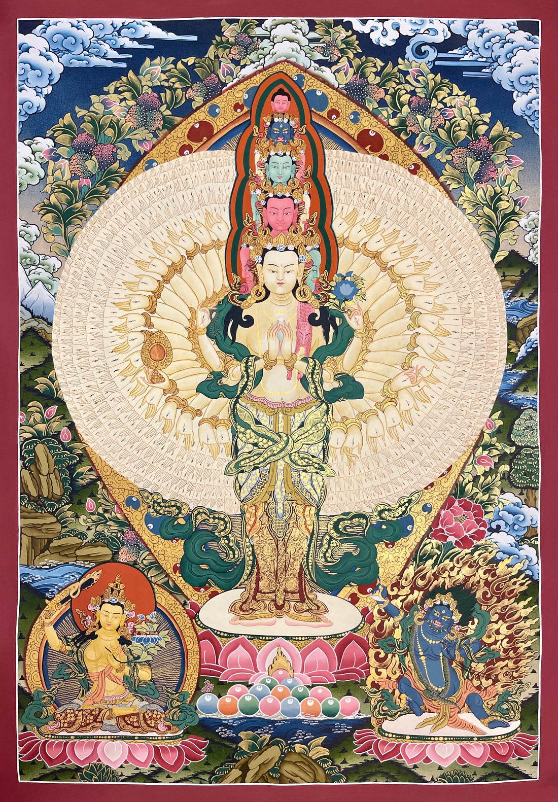 Lokeshwor thangka, 72×100 cm: standing eleven-headed, thousand-armed Chenrezig, with Manjushri and Vajrapani below