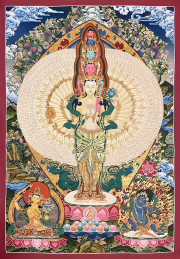 Lokeshwor thangka, 72×100 cm: standing eleven-headed, thousand-armed Chenrezig, with Manjushri and Vajrapani below