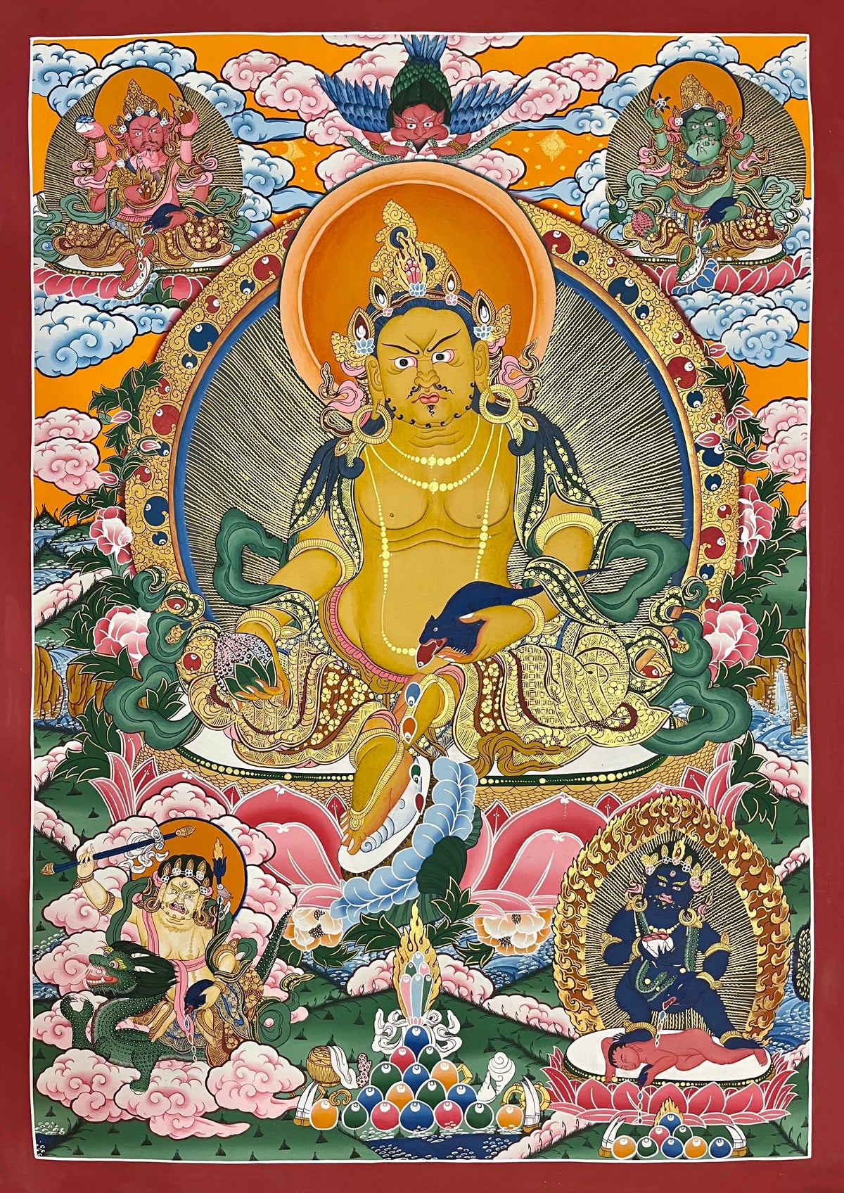 Jambhala thangka, 72×100 cm: Yellow Jambhala with a mongoose, with the red, green, white and black Jambhalas around him