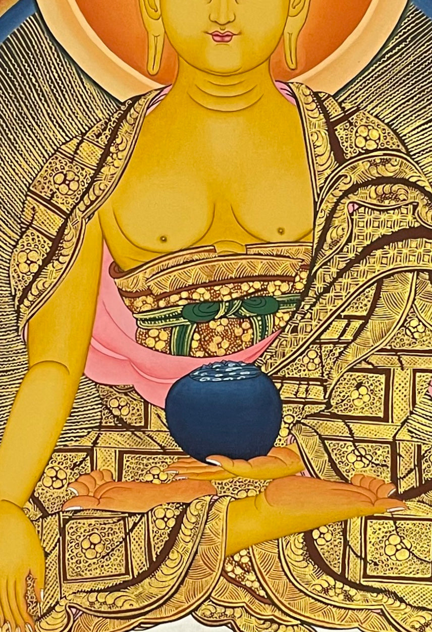Shakyamuni Buddha thangka, 72×100 cm: Shakyamuni touching the earth against an orange sky, with Chenrezig, Padmasambhava and two monks