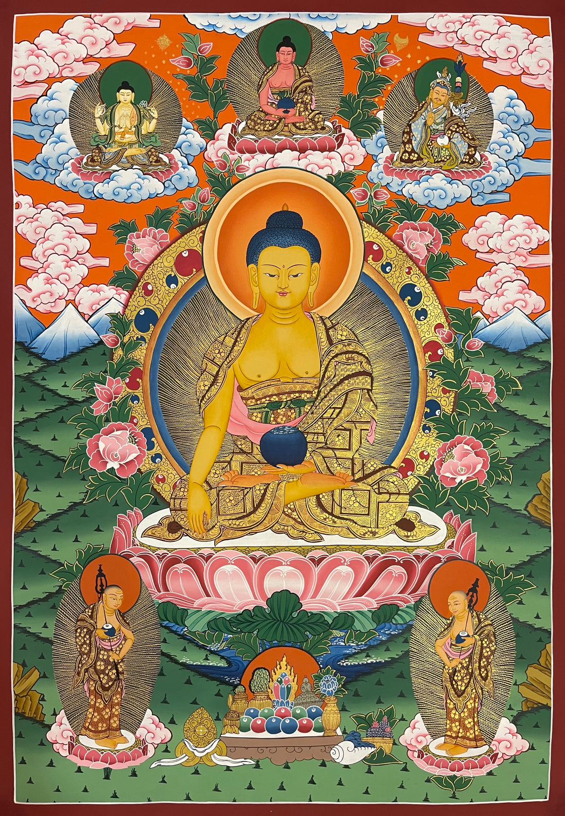 Shakyamuni Buddha thangka, 72×100 cm: Shakyamuni touching the earth against an orange sky, with Chenrezig, Padmasambhava and two monks