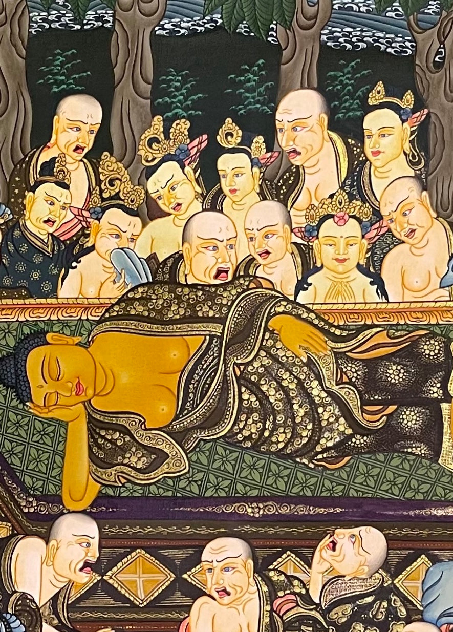 Buddha Nirvana thangka, 64×90 cm: the Buddha lying on his right side, surrounded by mourning monks, deities and animals