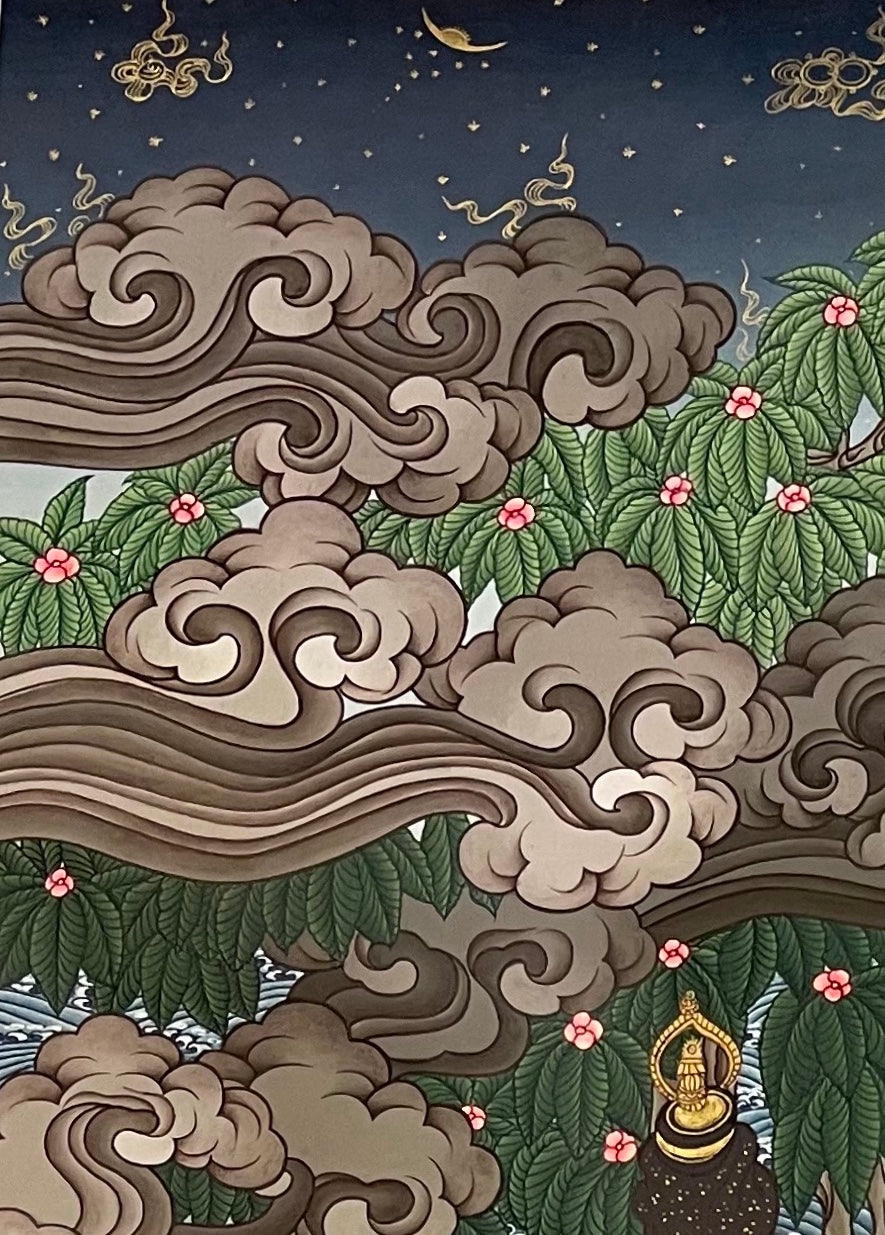 Buddha Nirvana thangka, detail: top-left corner