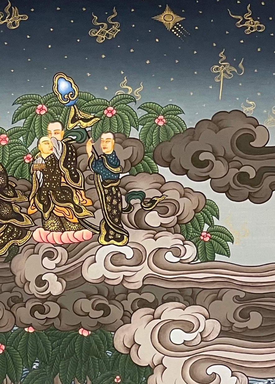 Buddha Nirvana thangka, detail: top-right corner