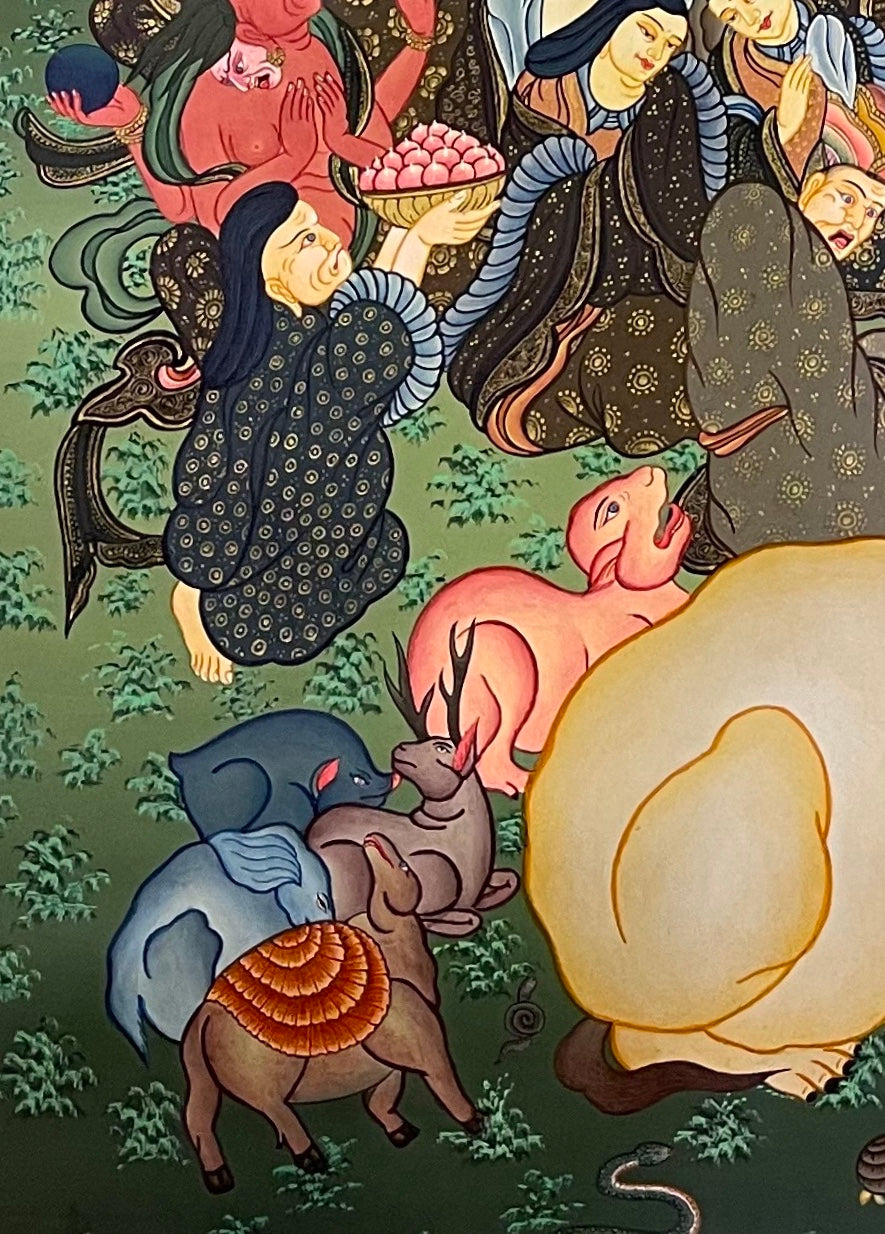 Buddha Nirvana thangka, detail: bottom-left corner