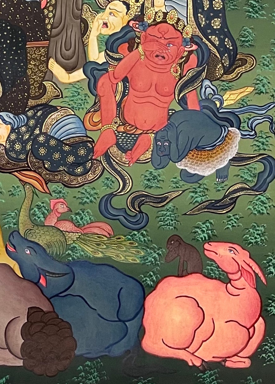 Buddha Nirvana thangka, detail: bottom-right corner