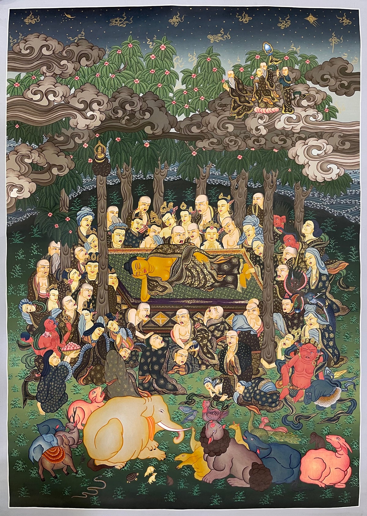 Buddha Nirvana thangka, 64×90 cm: the Buddha lying on his right side, surrounded by mourning monks, deities and animals