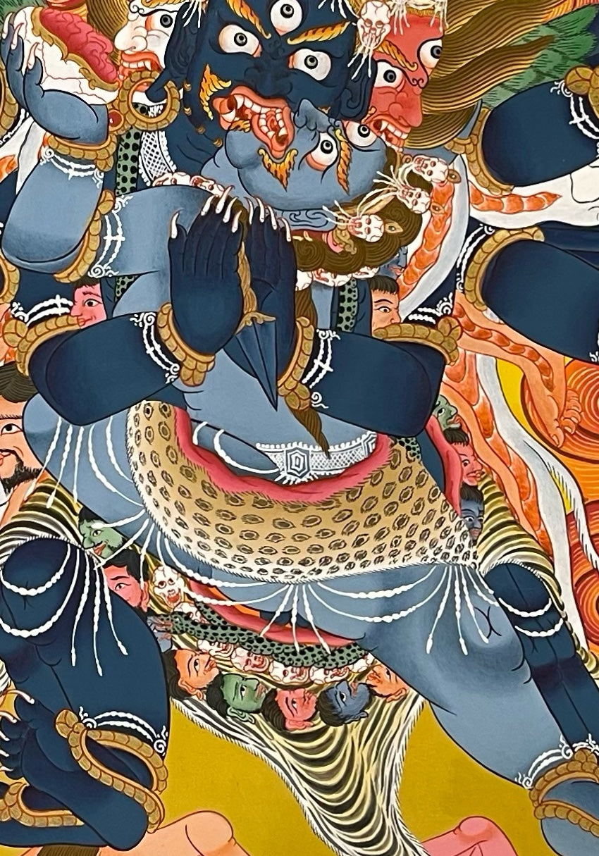 Vajrakilaya thangka, 62×88 cm: winged, three-faced Vajrakilaya with his consort in flames, Samantabhadra above