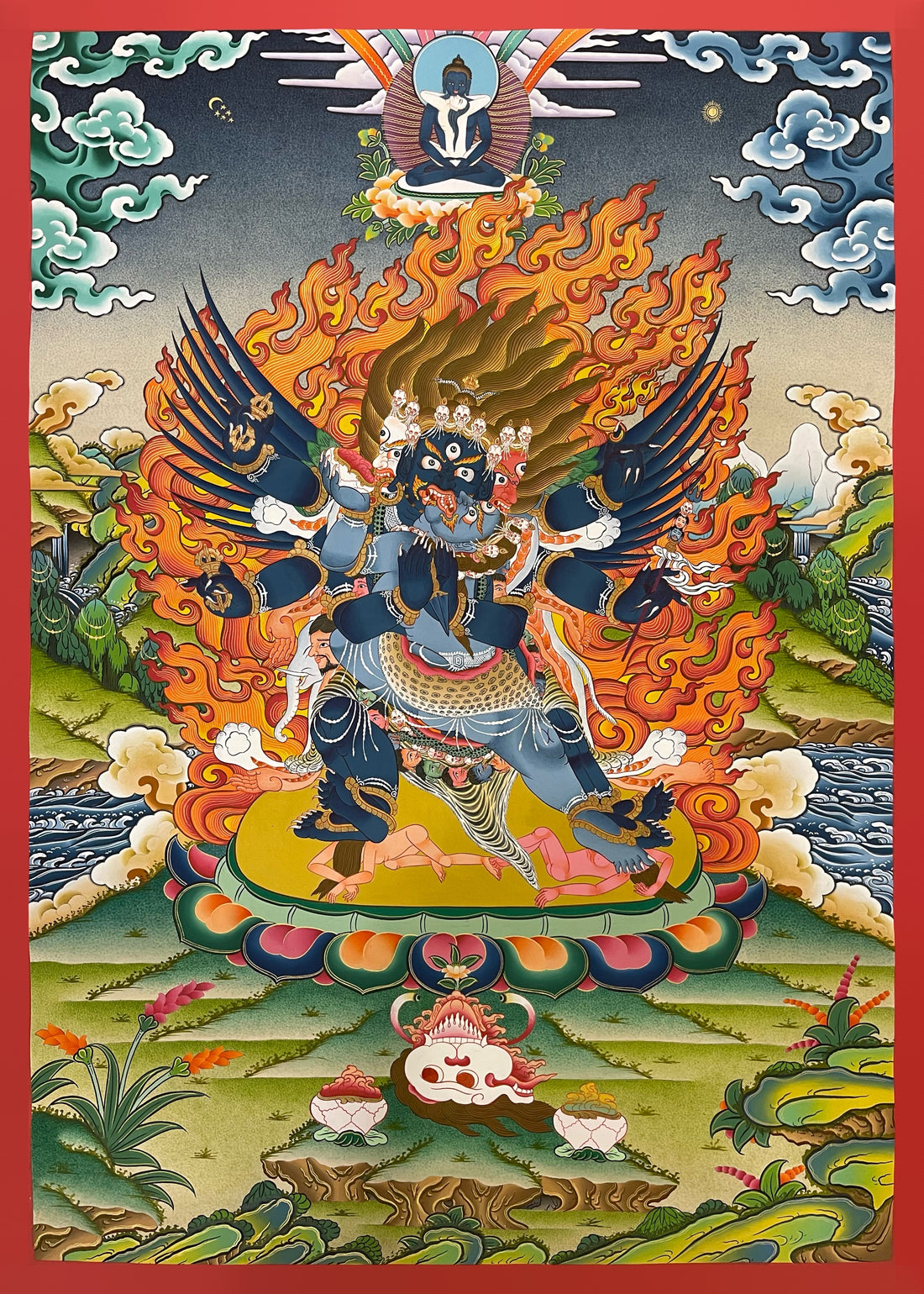 Vajrakilaya thangka, 62×88 cm: winged, three-faced Vajrakilaya with his consort in flames, Samantabhadra above