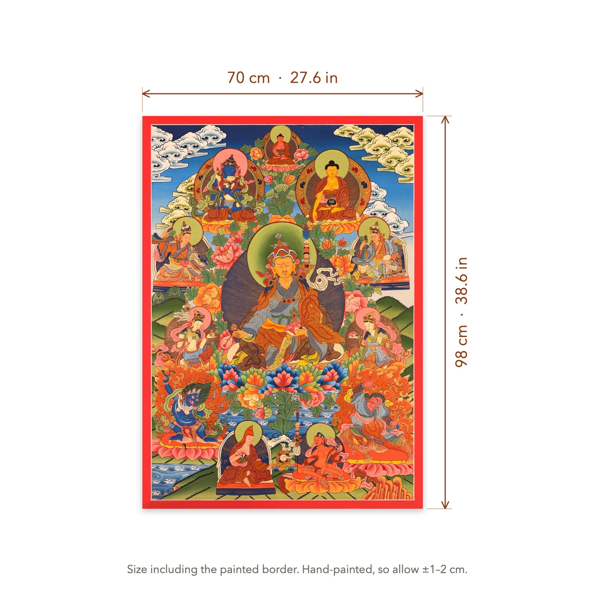 Size diagram: 70 × 98 cm (27.6 × 38.6 in), including the painted border