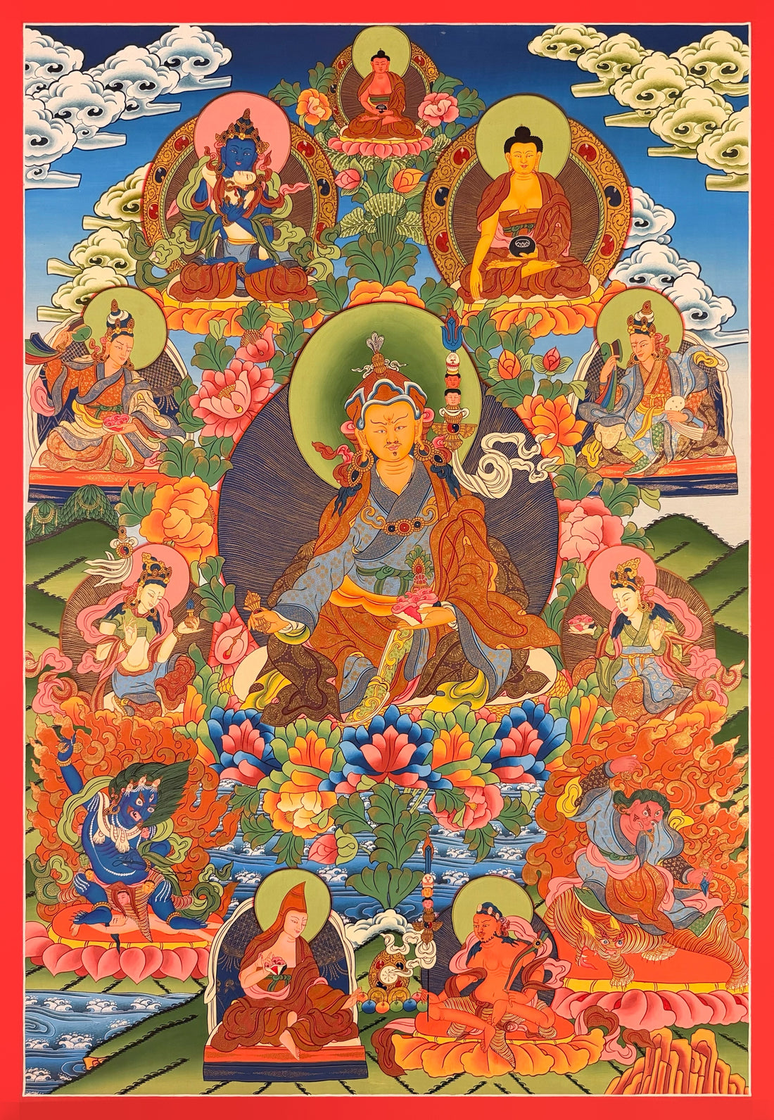 Padmasambhava thangka, 70×98 cm: Padmasambhava on a lotus above a river, with Vajradhara, Amitabha and Shakyamuni above and Dorje Drolo below
