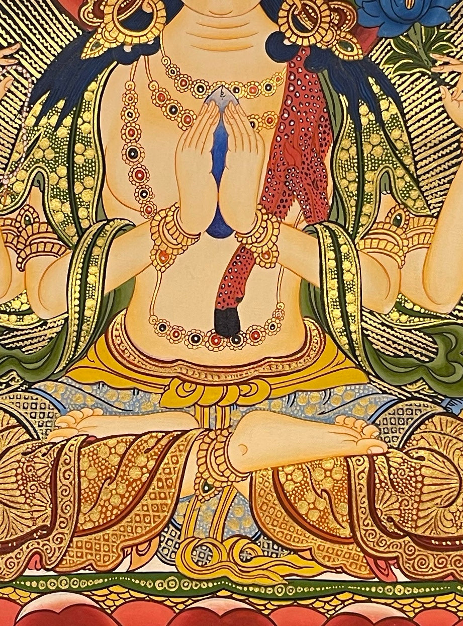 Chenrezig thangka, 53×68 cm: four-armed Chenrezig with Amitabha, White Tara and Green Tara above and Manjushri and Vajrapani below