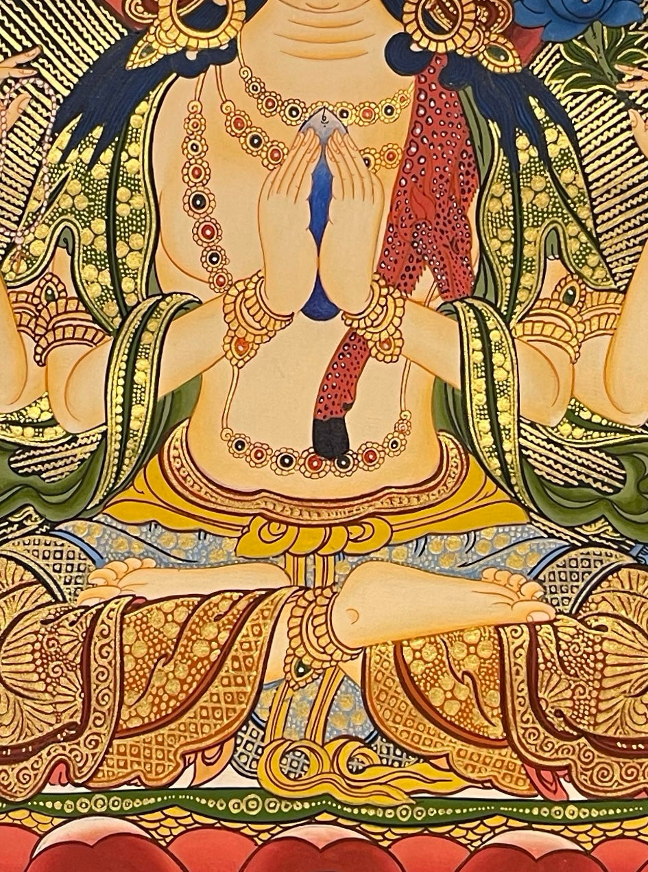 Chenrezig thangka, 53×68 cm: four-armed Chenrezig with Amitabha, White Tara and Green Tara above and Manjushri and Vajrapani below