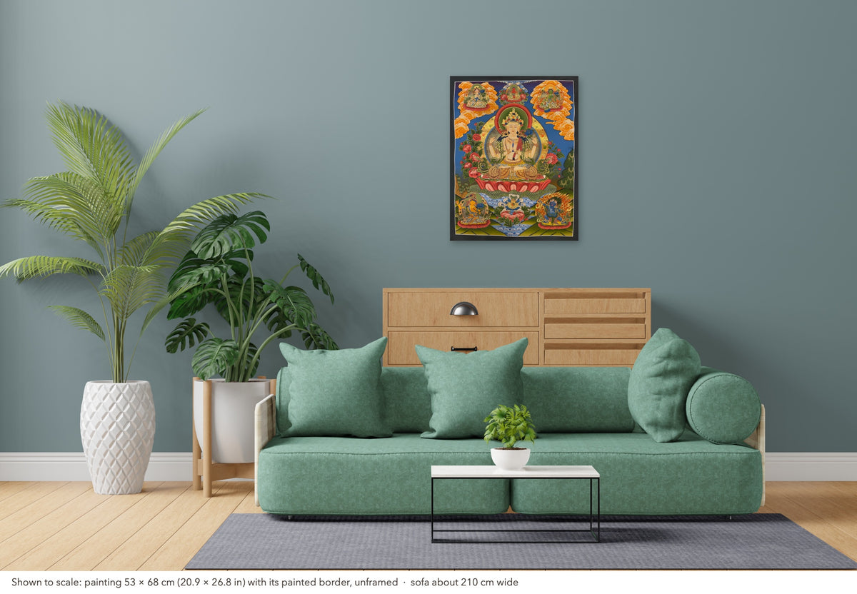 Chenrezig thangka shown to scale in a living room, unframed, above a sofa about 210 cm wide (53×68 cm)