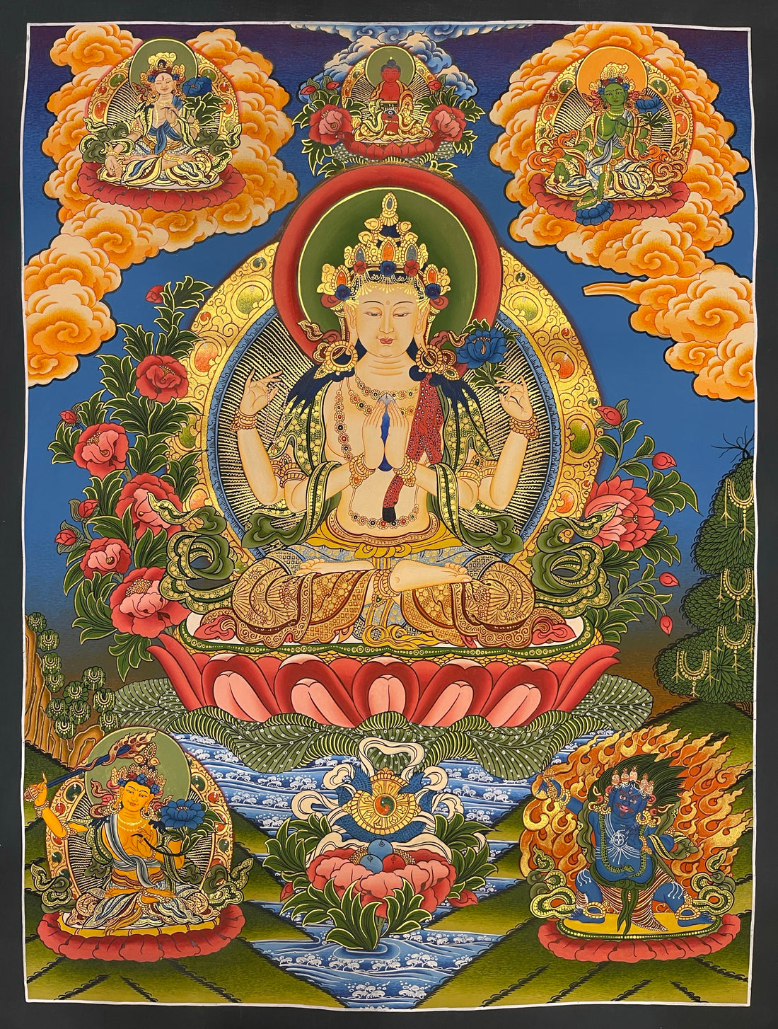 Chenrezig thangka, 53×68 cm: four-armed Chenrezig with Amitabha, White Tara and Green Tara above and Manjushri and Vajrapani below