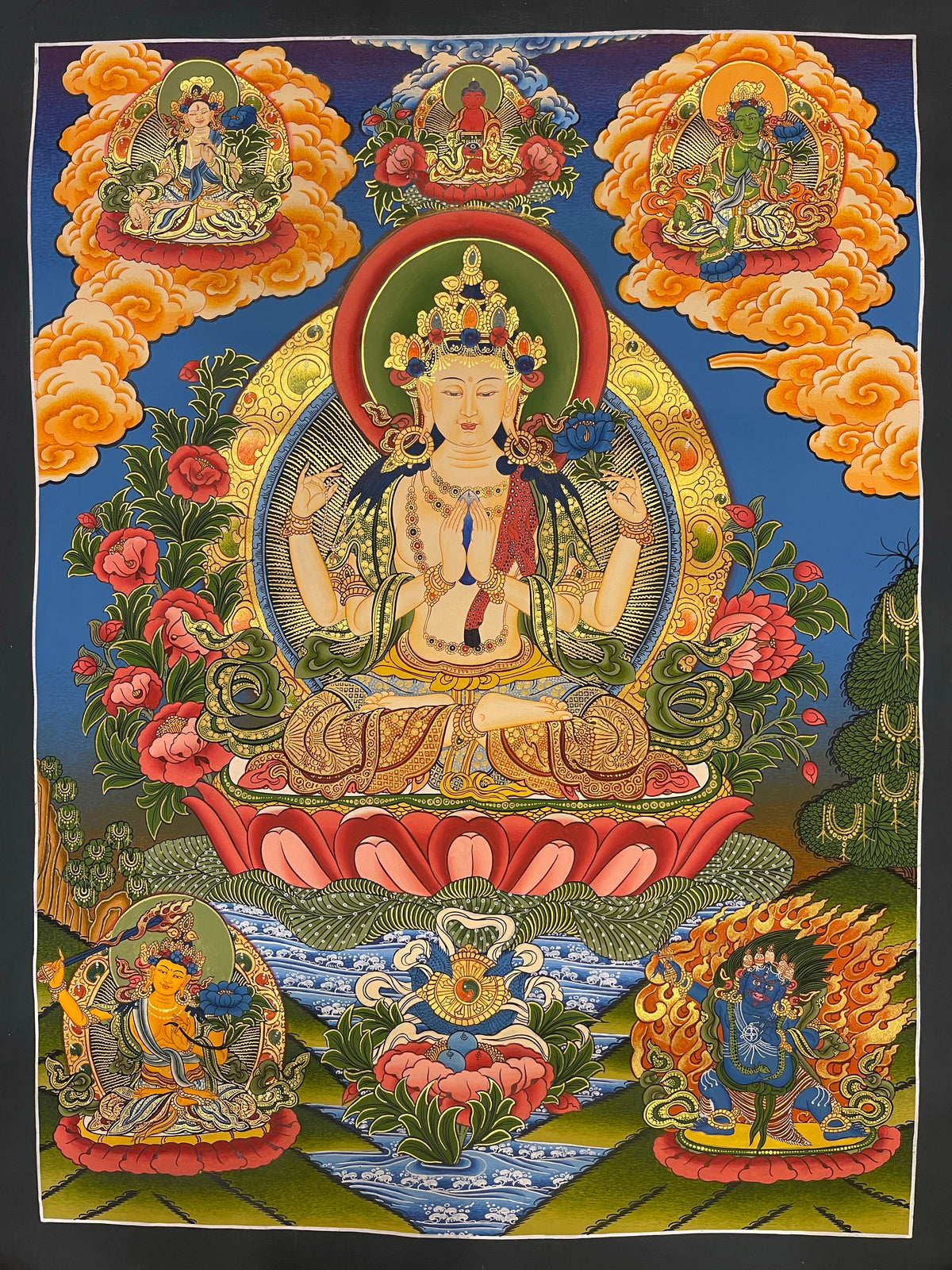 Chenrezig thangka, 53×68 cm: four-armed Chenrezig with Amitabha, White Tara and Green Tara above and Manjushri and Vajrapani below