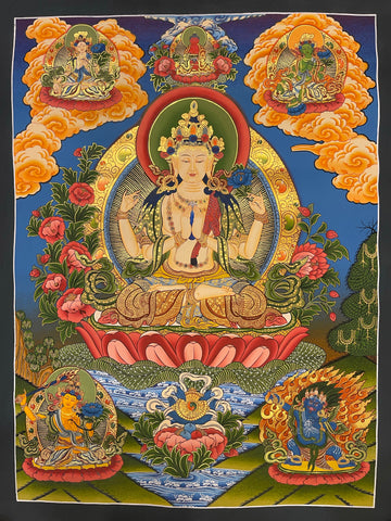 Chenrezig thangka, 53×68 cm: four-armed Chenrezig with Amitabha, White Tara and Green Tara above and Manjushri and Vajrapani below