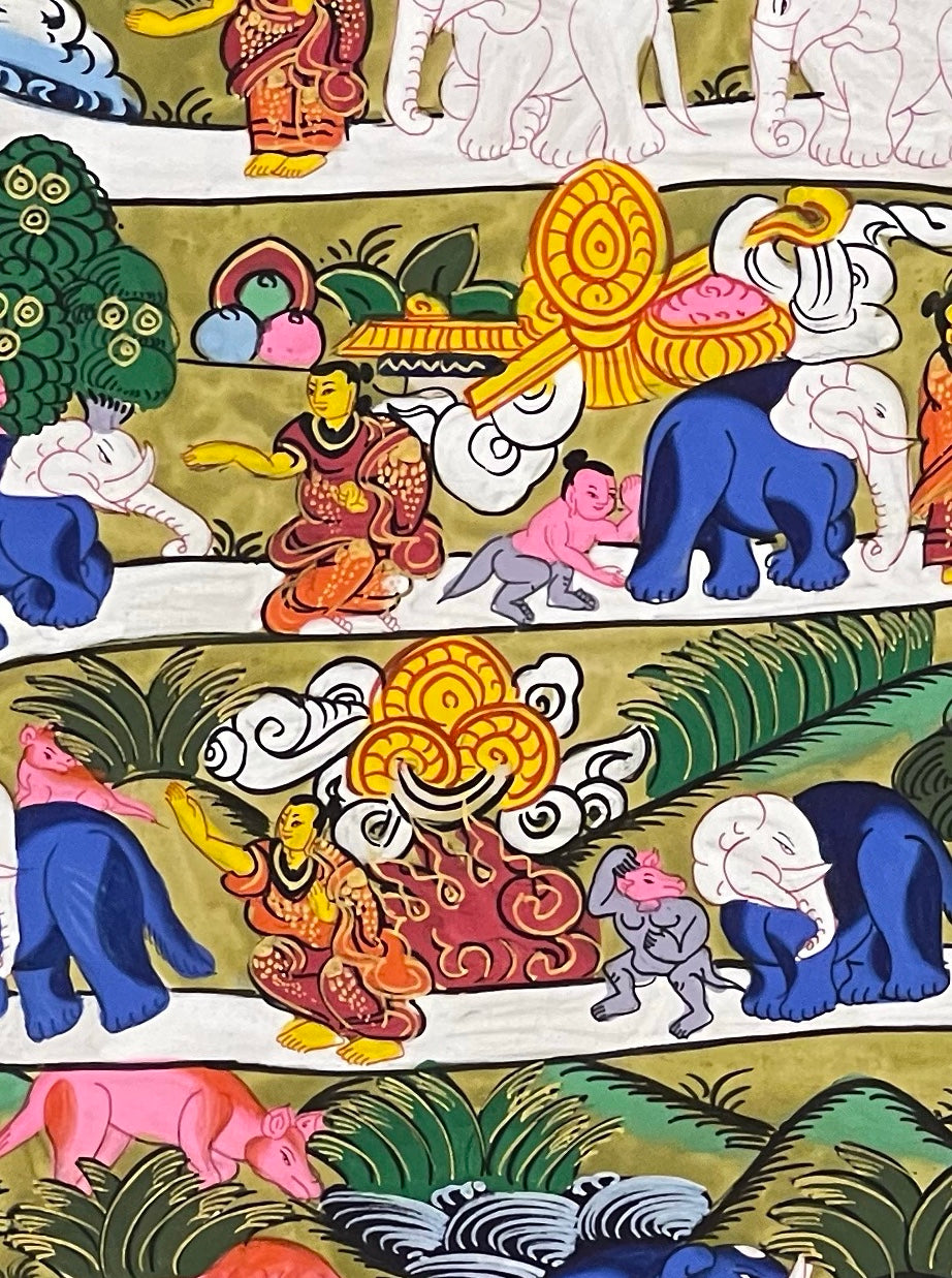 Shamatha Path (Way to Heaven) thangka, 42×55 cm: the path of calm abiding: a monk leading an elephant and a monkey up a winding path to the Buddha