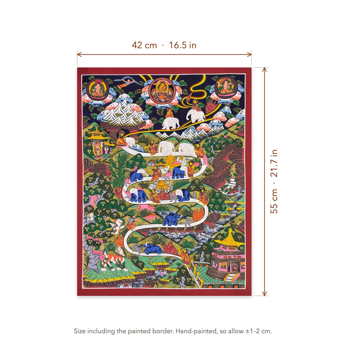 Size diagram: 42 × 55 cm (16.5 × 21.7 in), including the painted border