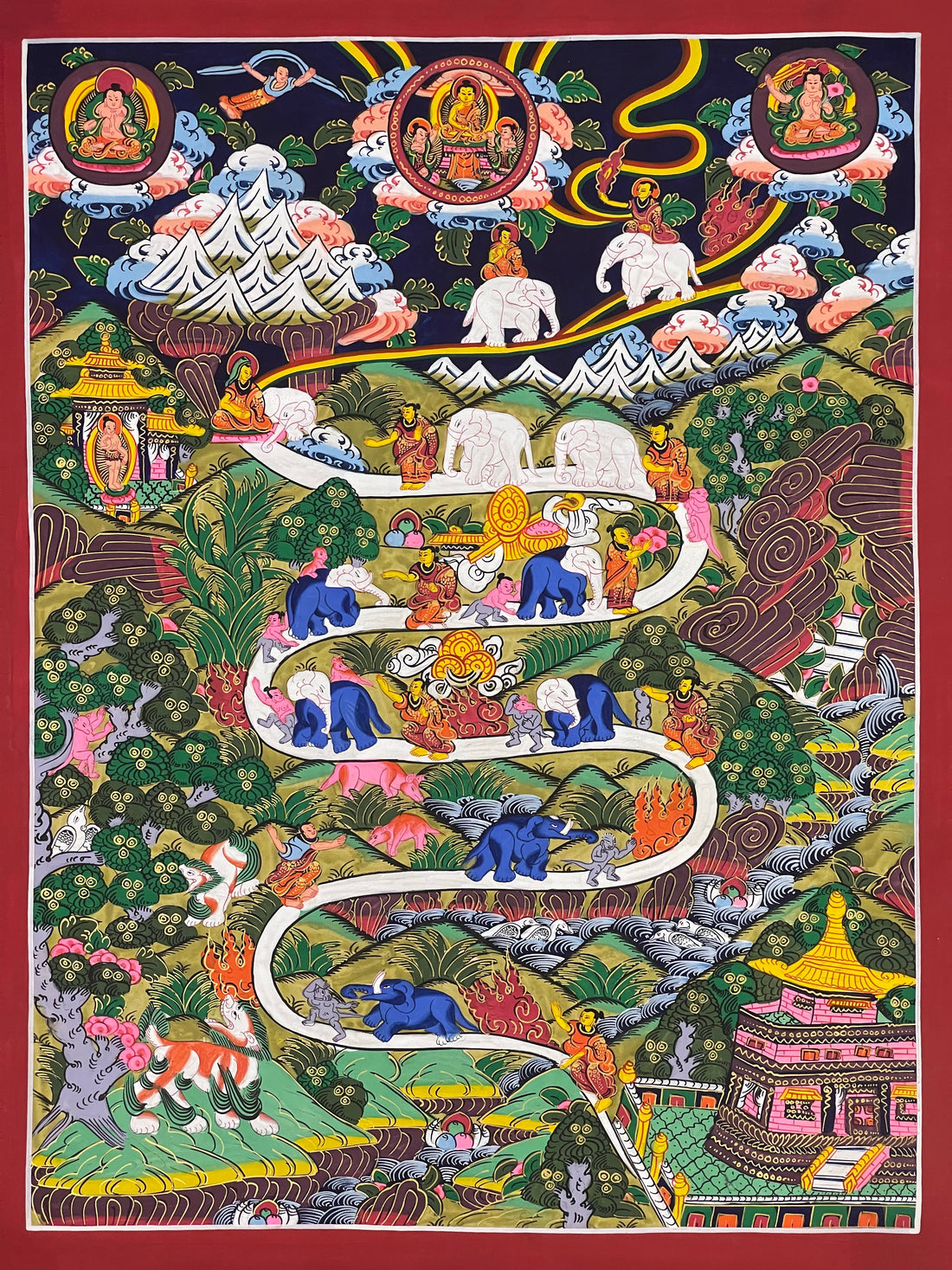 Shamatha Path (Way to Heaven) thangka, 42×55 cm: the path of calm abiding: a monk leading an elephant and a monkey up a winding path to the Buddha