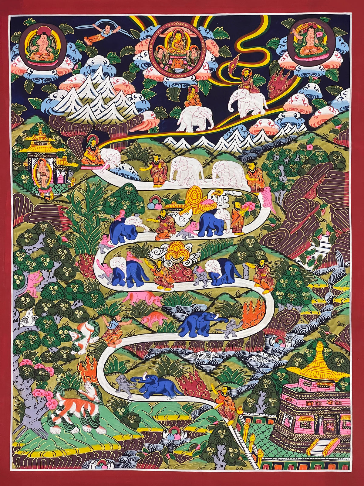 Shamatha Path (Way to Heaven) thangka, 42×55 cm: the path of calm abiding: a monk leading an elephant and a monkey up a winding path to the Buddha