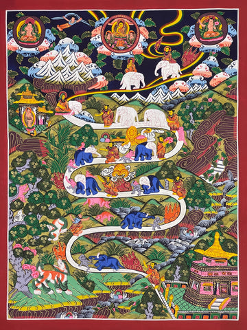 Shamatha Path (Way to Heaven) thangka, 42×55 cm: the path of calm abiding: a monk leading an elephant and a monkey up a winding path to the Buddha