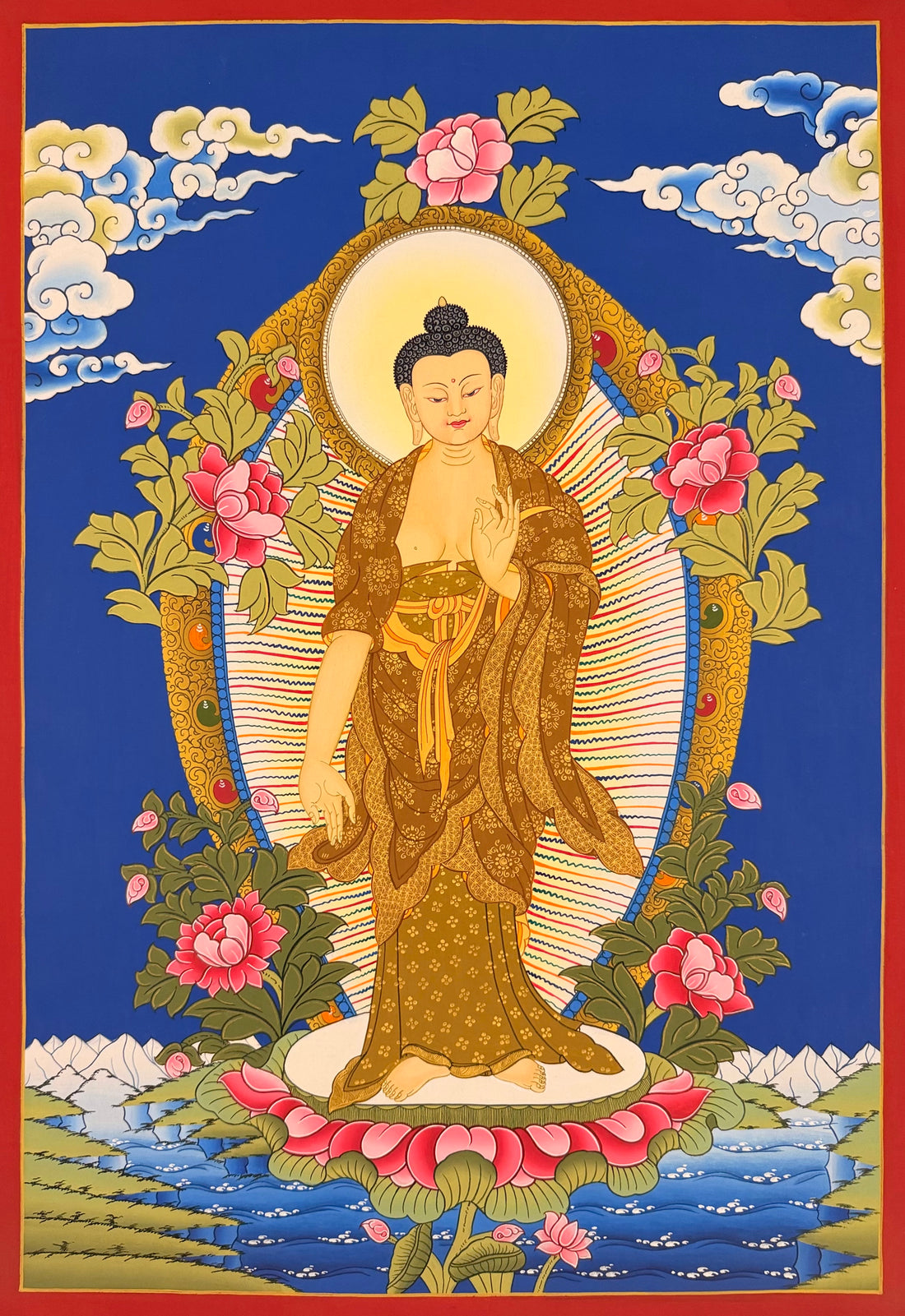 Standing Shakyamuni Buddha thangka, 50×70 cm: Shakyamuni standing on a lotus with a rainbow-striped halo, among peonies on deep blue