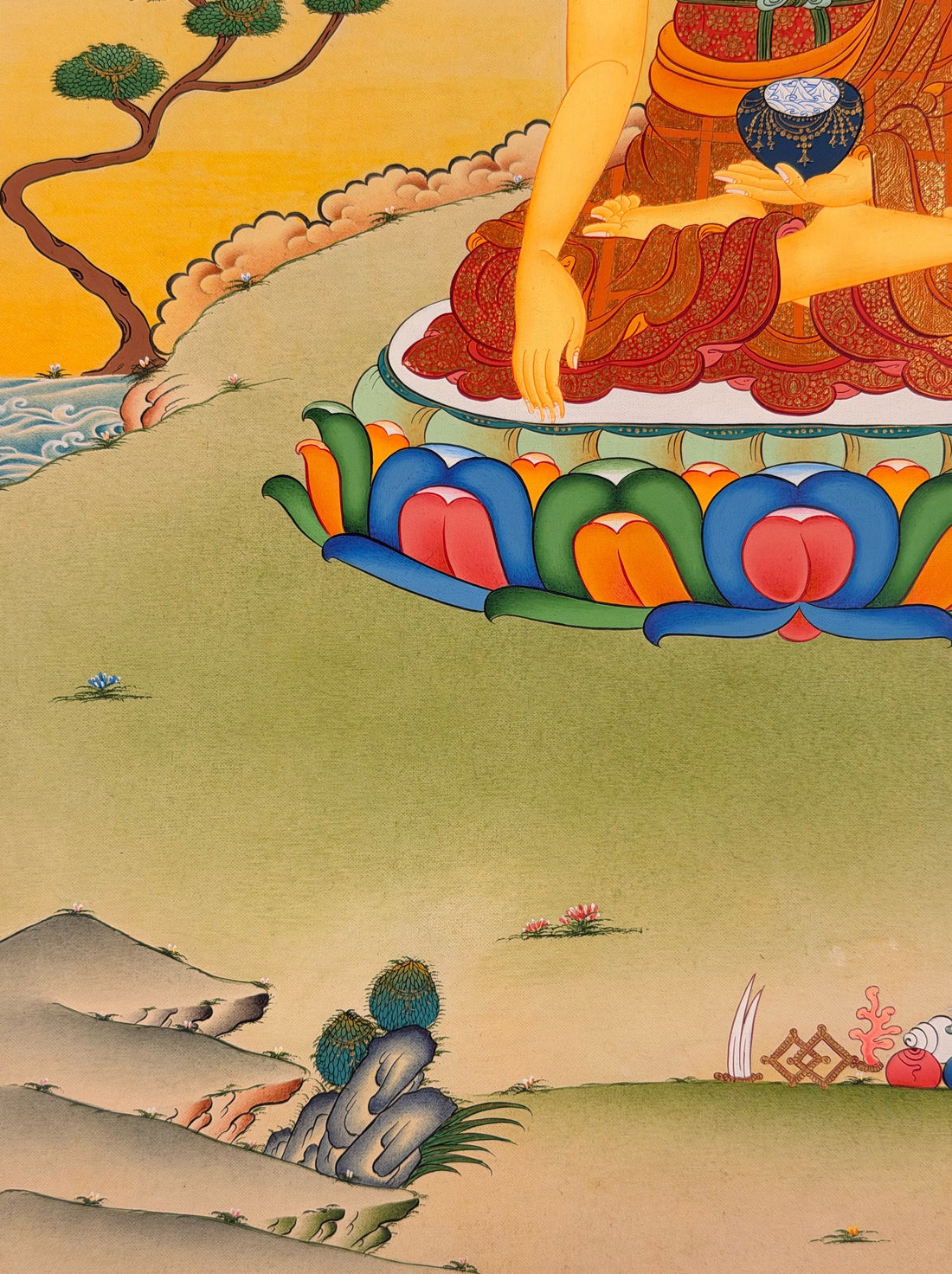 Shakyamuni Buddha thangka, 51×66 cm: Shakyamuni touching the earth in an open landscape of pale washes, with the moon and sun