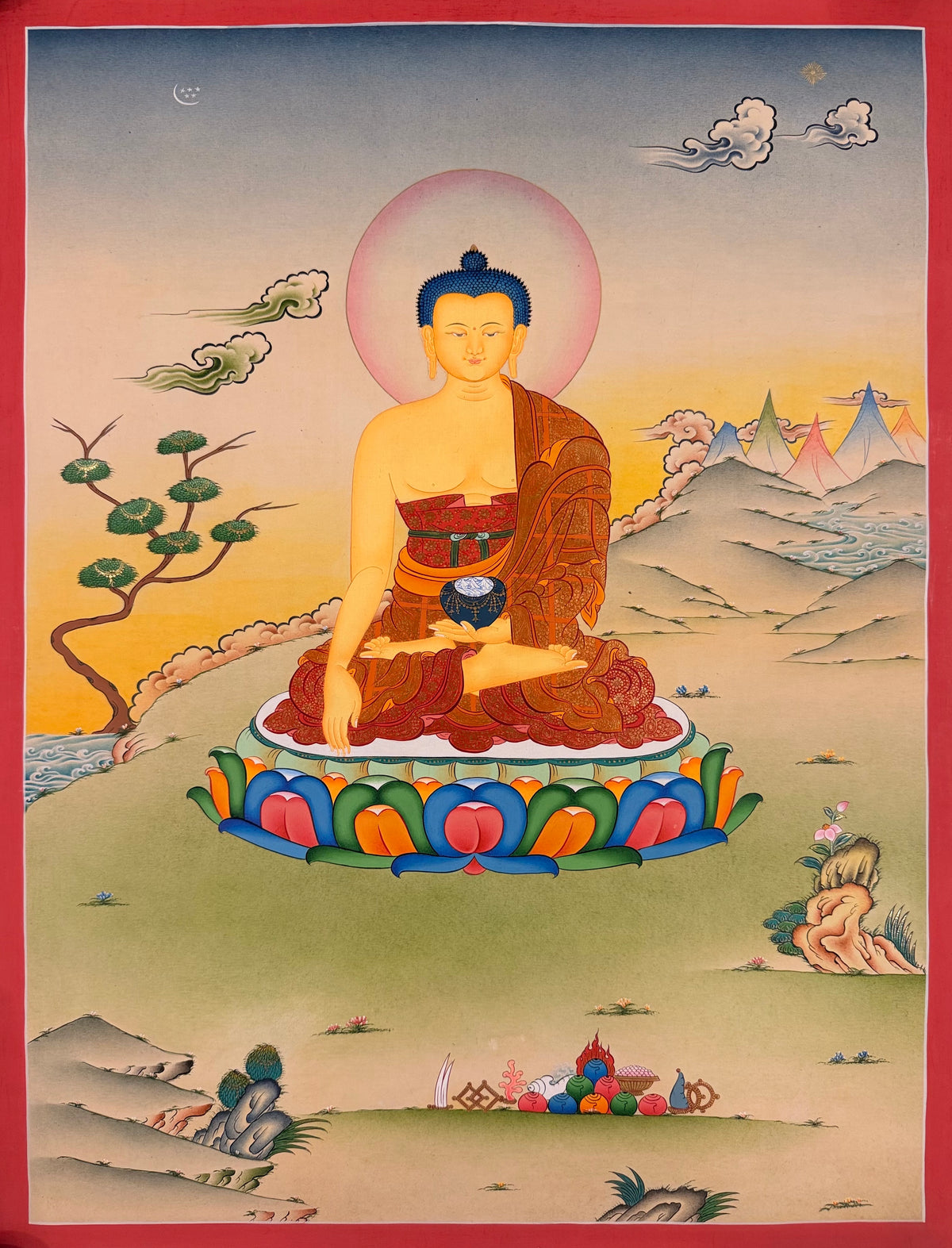Shakyamuni Buddha thangka, 51×66 cm: Shakyamuni touching the earth in an open landscape of pale washes, with the moon and sun