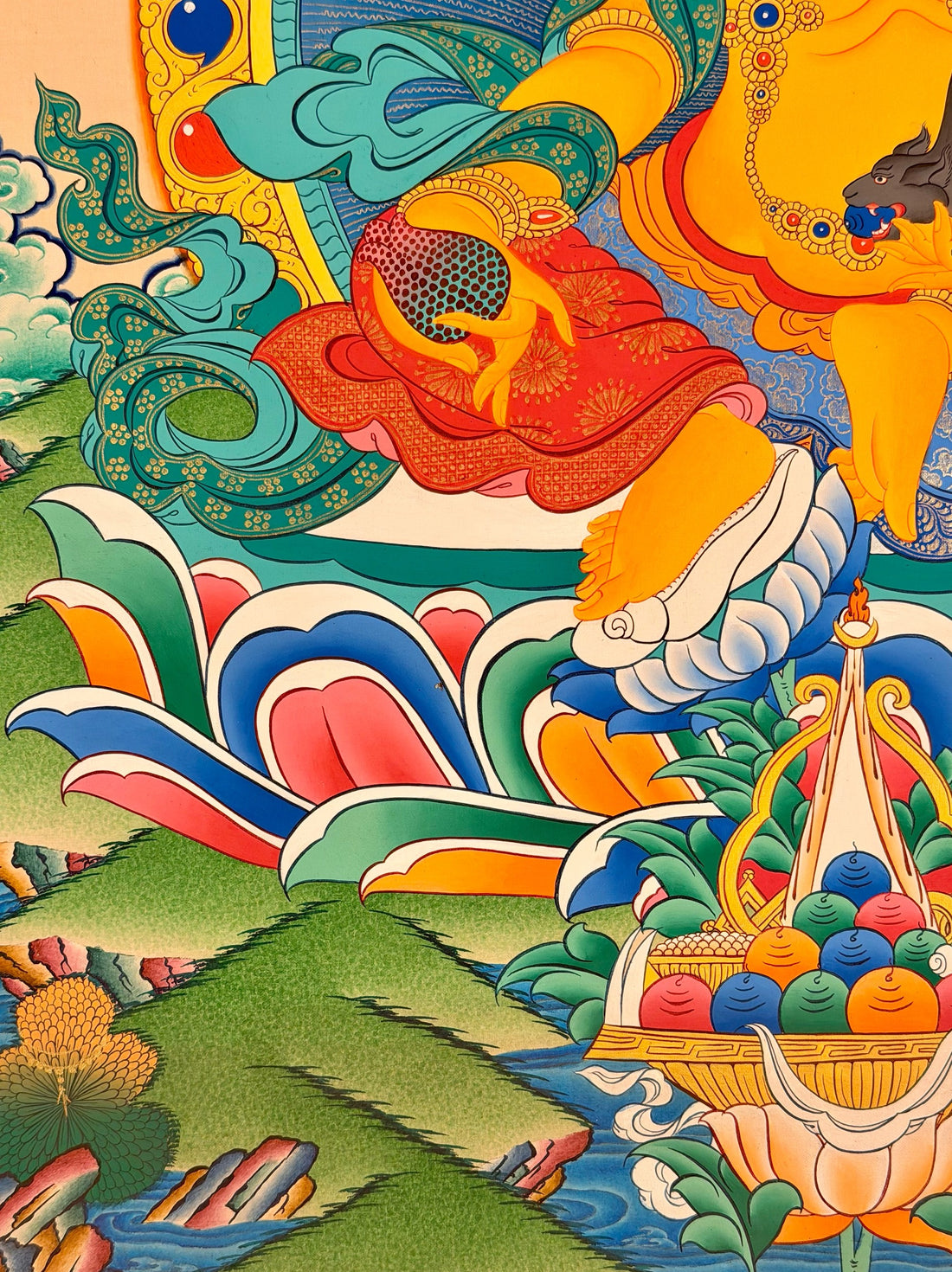 Yellow Jambhala thangka, 60×80 cm: Yellow Jambhala with a mongoose and a citron on a lotus, among peonies, with an offering of jewels