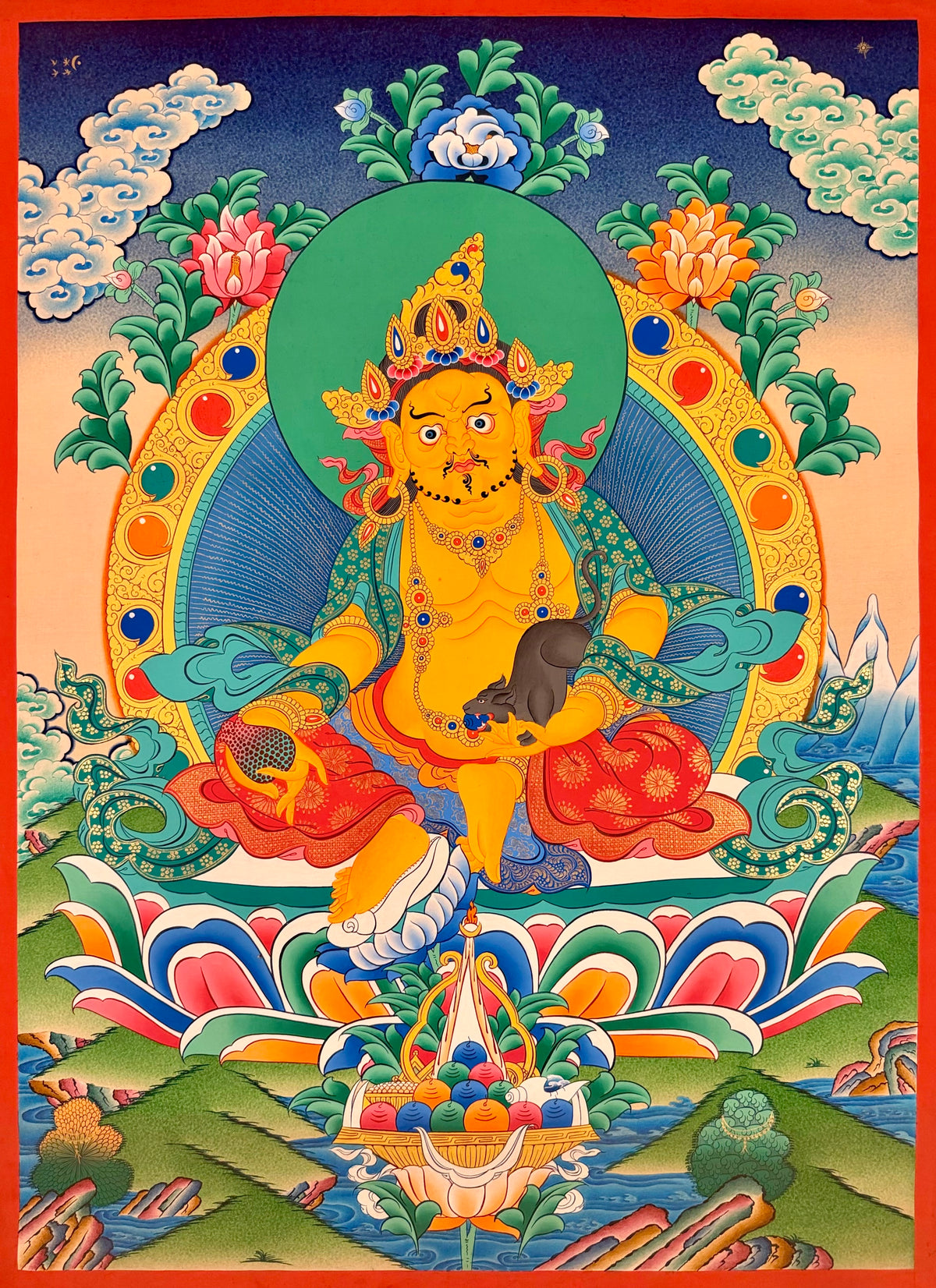 Yellow Jambhala thangka, 60×80 cm: Yellow Jambhala with a mongoose and a citron on a lotus, among peonies, with an offering of jewels