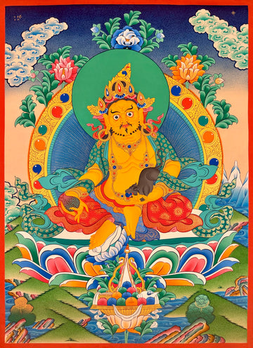 Yellow Jambhala thangka, 60×80 cm: Yellow Jambhala with a mongoose and a citron on a lotus, among peonies, with an offering of jewels
