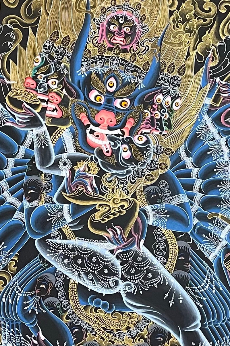 Yamantaka thangka, 86×125 cm: buffalo-headed Yamantaka with consort in black and gold, with Tsongkhapa above and protectors around