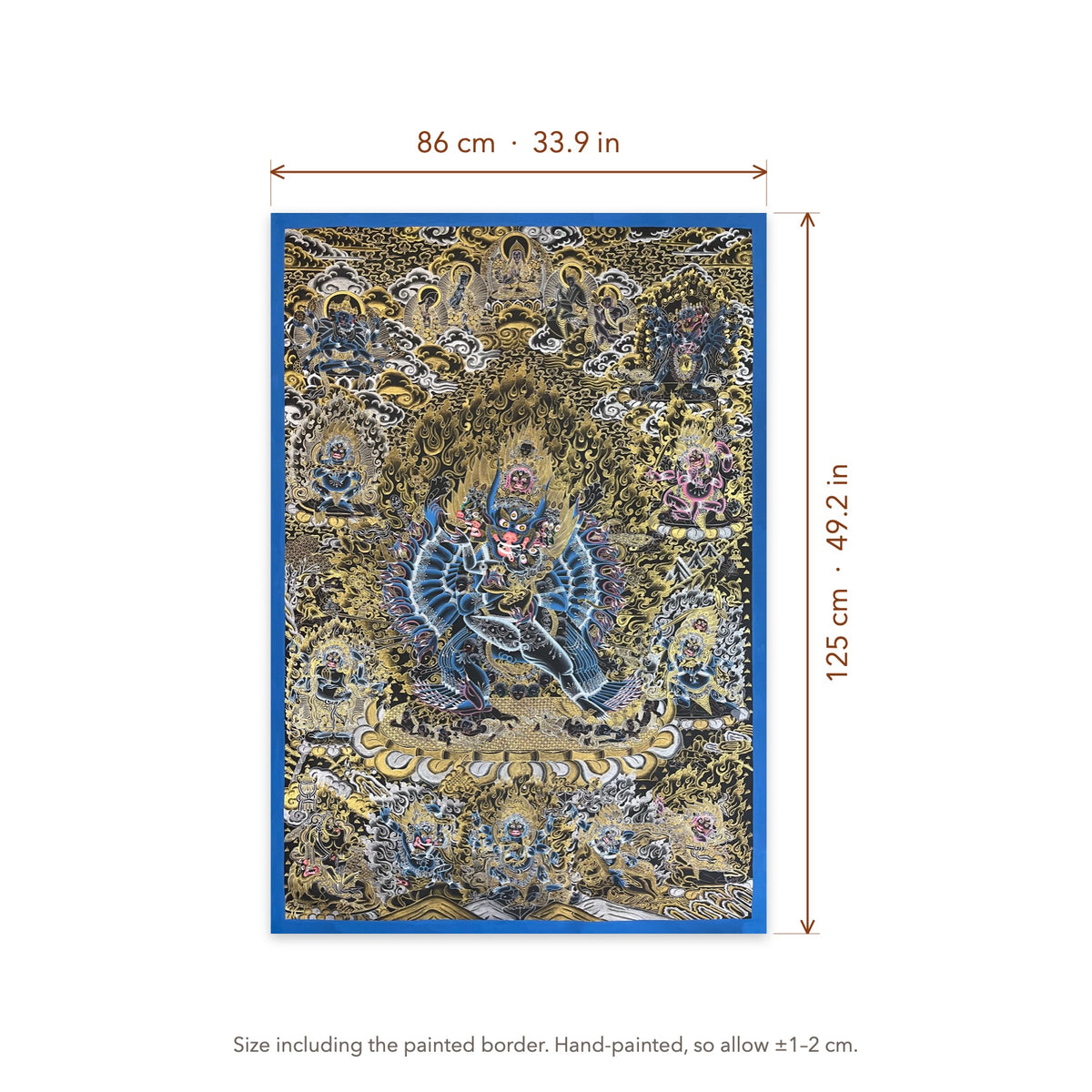 Size diagram: 86 × 125 cm (33.9 × 49.2 in), including the painted border
