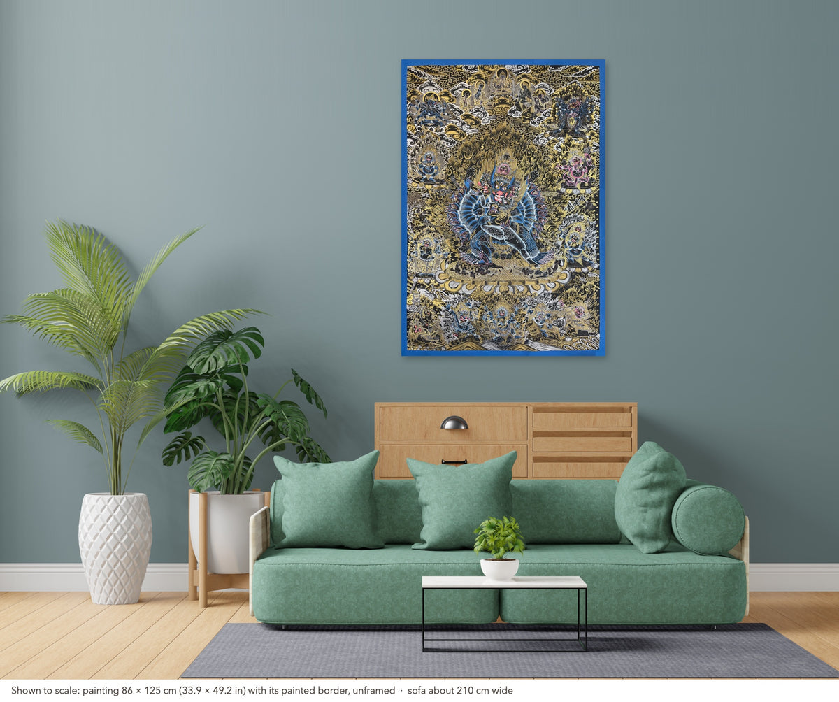 Yamantaka thangka shown to scale in a living room, unframed, above a sofa about 210 cm wide (86×125 cm)