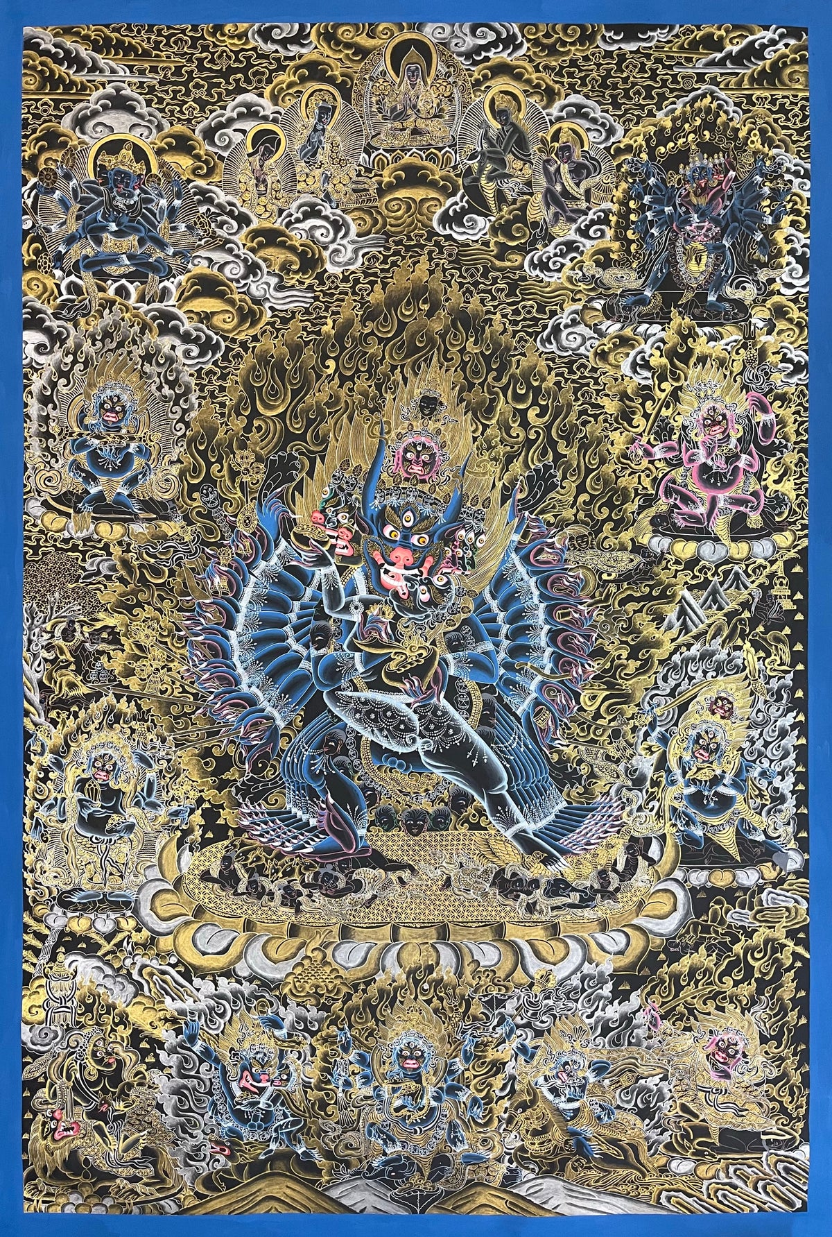 Yamantaka thangka, 86×125 cm: buffalo-headed Yamantaka with consort in black and gold, with Tsongkhapa above and protectors around