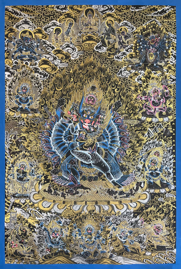 Yamantaka thangka, 86×125 cm: buffalo-headed Yamantaka with consort in black and gold, with Tsongkhapa above and protectors around