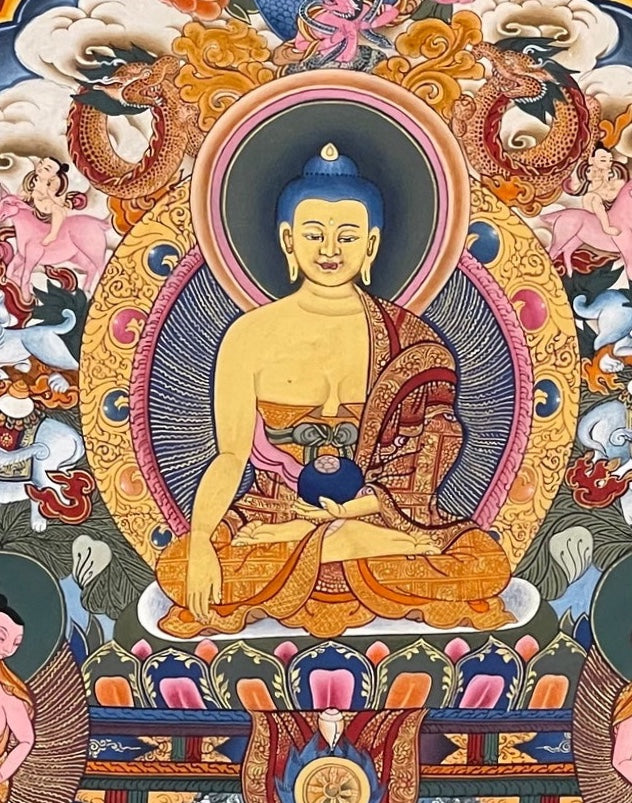 Buddha Life Story thangka, 52×65 cm: Shakyamuni at the centre surrounded by scenes of his life