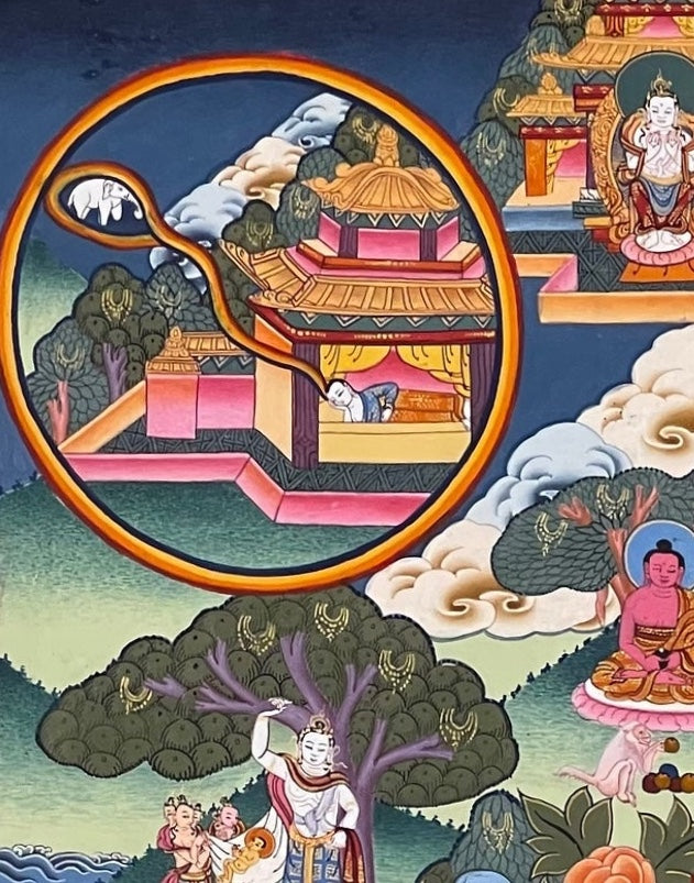 Buddha Life Story thangka, detail: top-left corner